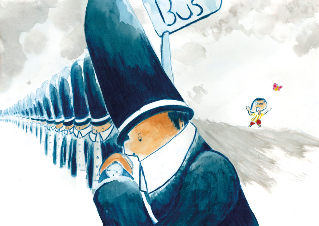 A line of people, all dressed the same wait for a bus